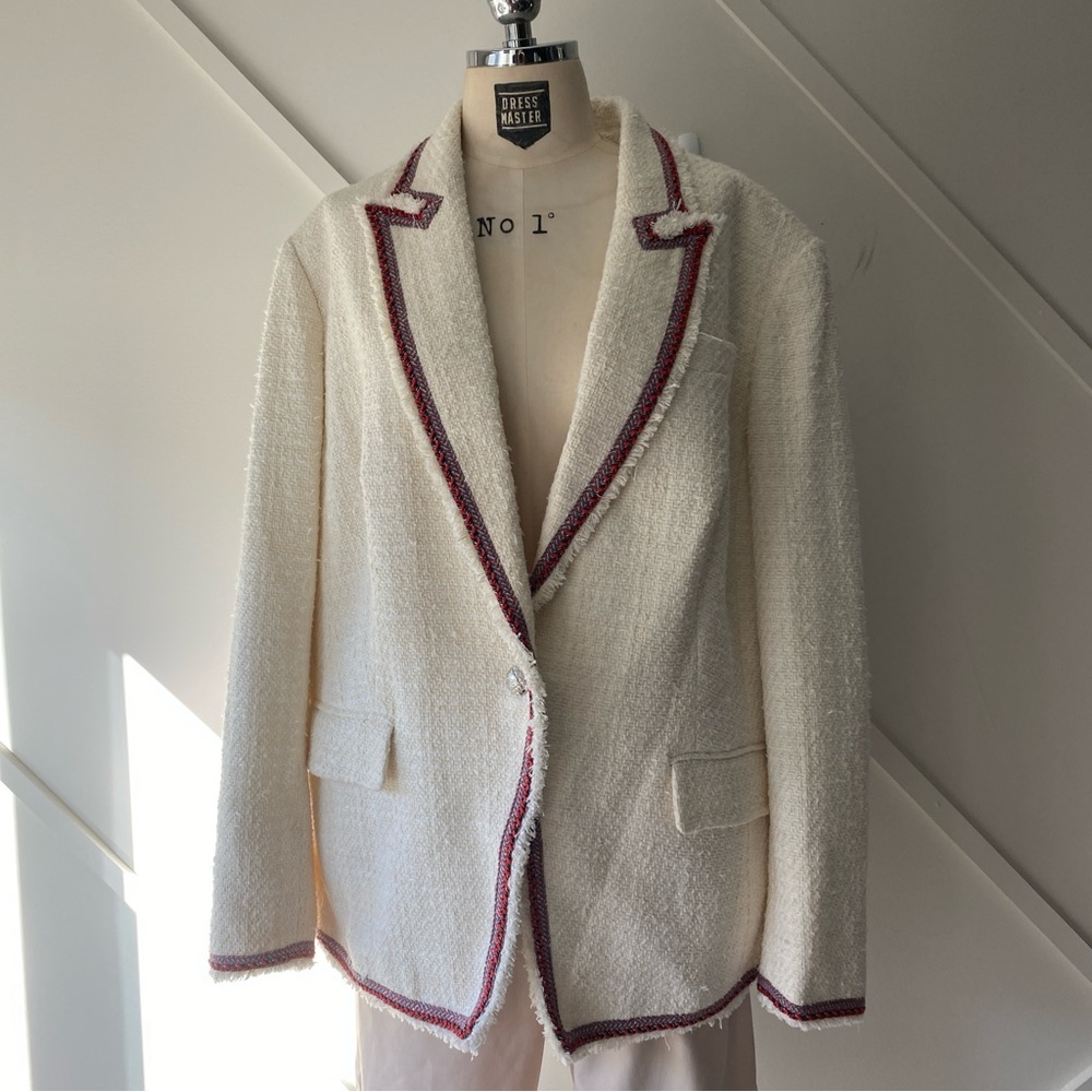 Veronica Beard Cotton Blend Tweed Blazer Ivory Contrast Trim Size 22